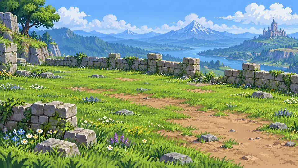 Original pixel illustration of a grassy battle field with a stone wall and a windmill