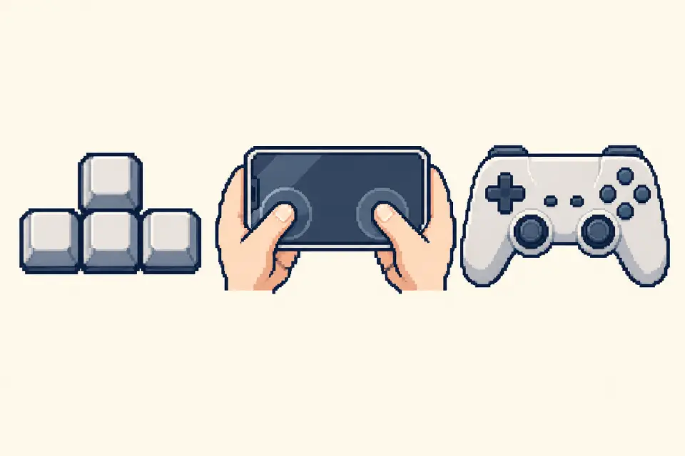 Diagram of keyboard, touch, and gamepad controls for PokéVersus