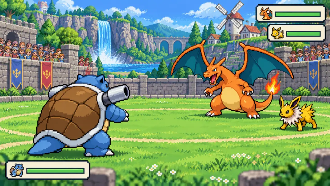 Pixel arena poster for the PokéVersus browser game