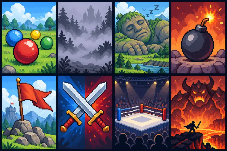 Original pixel illustration with eight arena-mode icons arranged in a grid